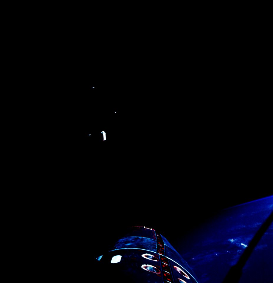 Gemini 12 equipment jettison during rendezvous mission in space.