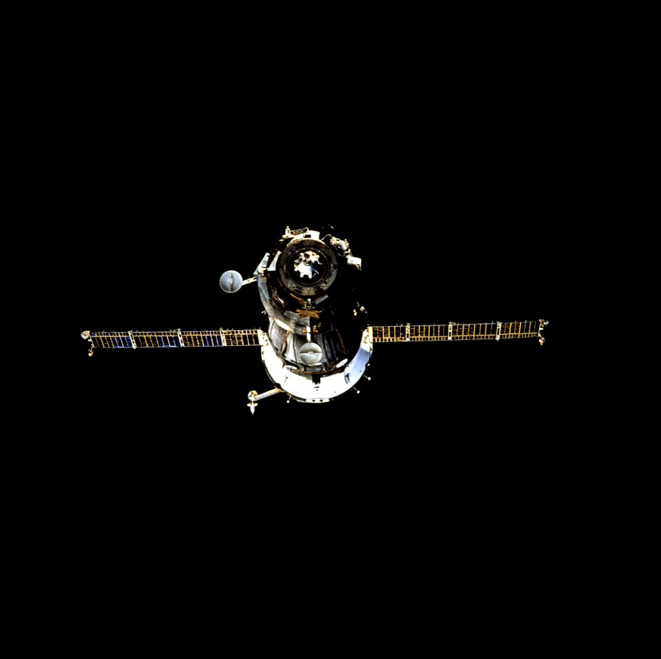 Russia's Soyuz spacecraft is backdropped against the darkness of space.