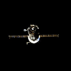 Russia's Soyuz spacecraft is backdropped against the darkness of space.