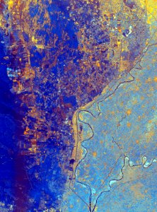 This spaceborne radar image shows the area just north of the city of Cairo, Egypt, where the Nile River splits into two main branches.  Digitally enhanced by rawpixel