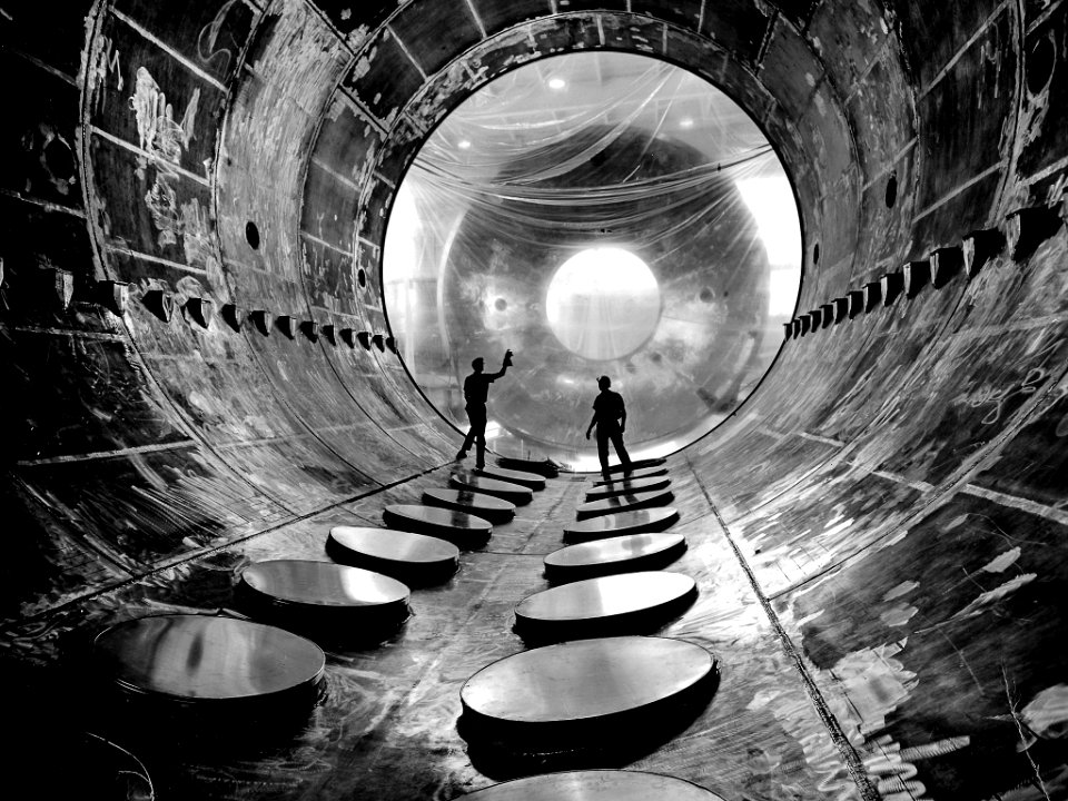 Interior of the 20-foot diameter vacuum tank at the NASA Lewis Research Center’s Electric Propulsion Laboratory.