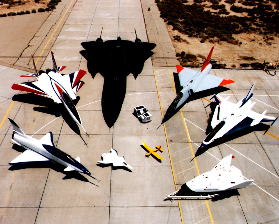 Collection of NASA's research aircraft on the ramp at the Dryden Flight Research Center: X-31, F-15 ACTIVE, SR-71, F-106, F-16XL Ship #2, X-38, Radio Controlled Mothership and X-36, 07/16/1997.