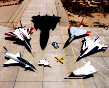 Collection of NASA's research aircraft on the ramp at the Dryden Flight Research Center: X-31, F-15 ACTIVE, SR-71, F-106, F-16XL Ship #2, X-38, Radio Controlled Mothership and X-36, 07/16/1997. photo