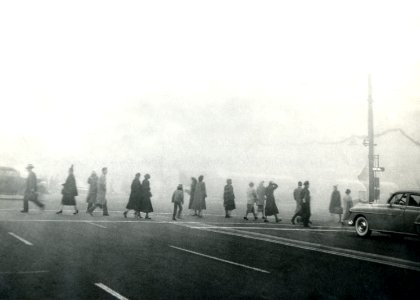 The 1950s historical photograph of an extreme air pollution event at Salt Lake City, Utah. Original image sourced from US Government department: Public Health Image Library, Centers for Disease Control and Prevention. Under US law this image is copyright free, please credit the government department whenever you can”. photo