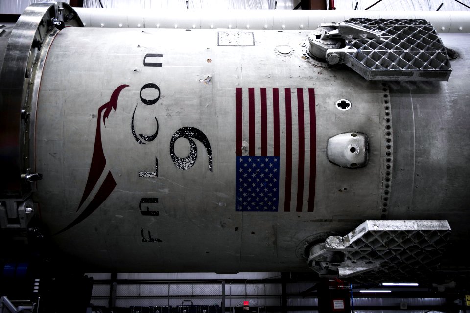 Falcon 9 first stage in hangar (2015).