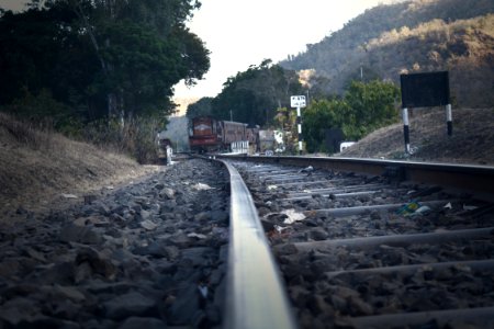 Railroad Tracks Amidst Trees Against Sky photo