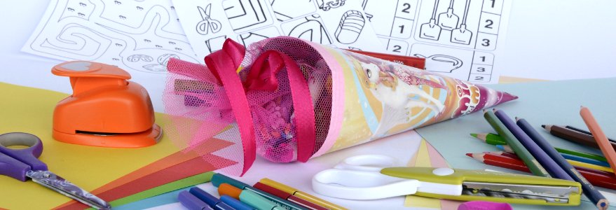 Color Pencil With Two Scissor On White Wooden Table