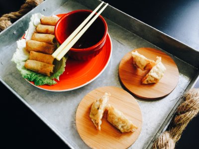 Fried Spring Rolls And Dumplings On Top Of Tray photo