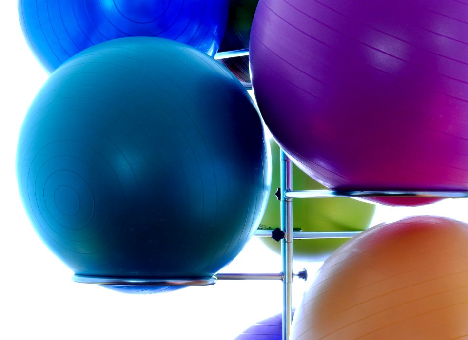 Blue Exercising Ball On Stainless Steel Exercising Ball Rack