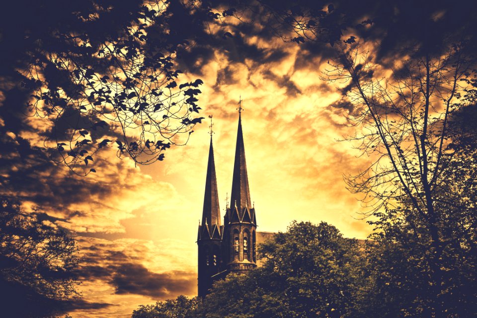 2 Spire Building And Trees Painting