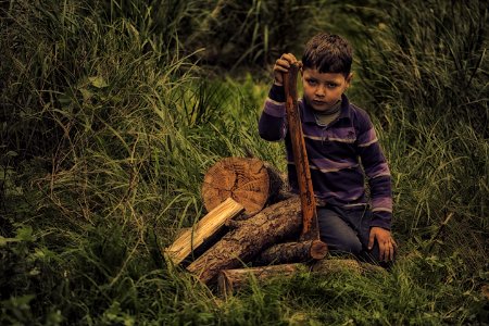 Boy In Purple Stripe Print Long Sleeve Shirt Holding Wooden Rod On Green Grass Field photo