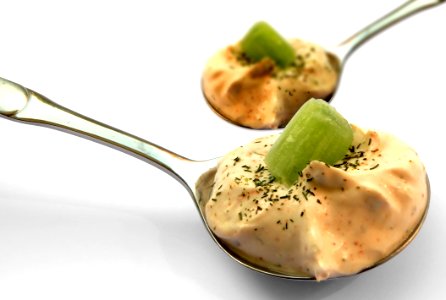 Kiwi Slice On Brown Cream On Stainless Steel Spoon photo