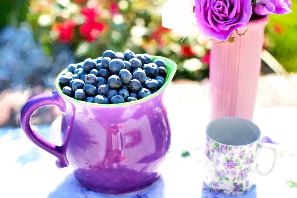 Black Berries On Purple Container Beside White And Purple Floral Mug photo