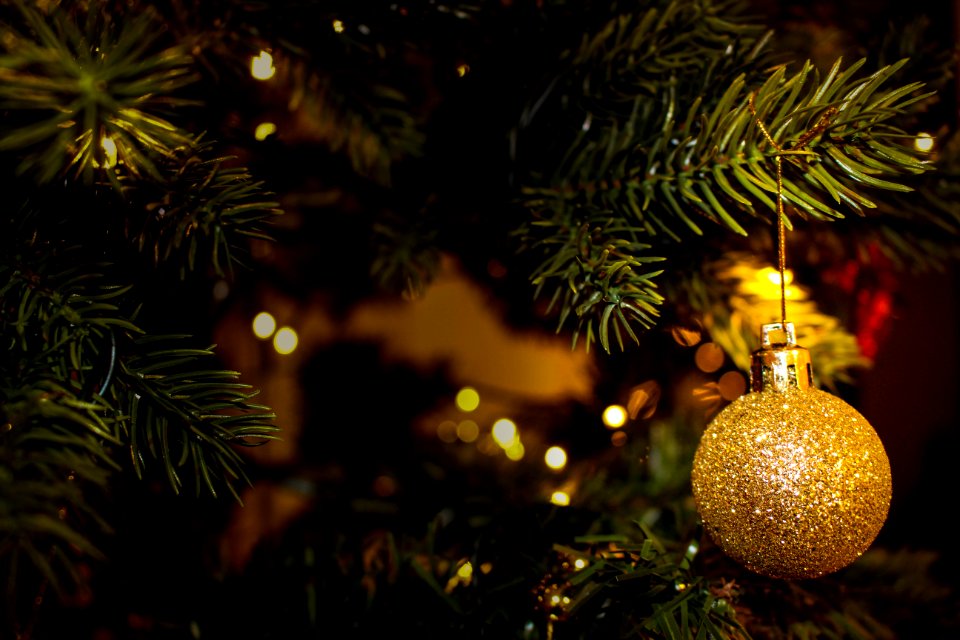 Gold Ornament On Christmas Tree
