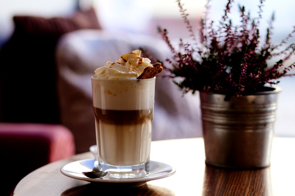 Ice Cream In Glass Beside Maroon Petaled Flower On Vase On Table