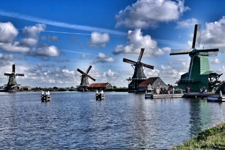 Wooden Windmills Near Lake