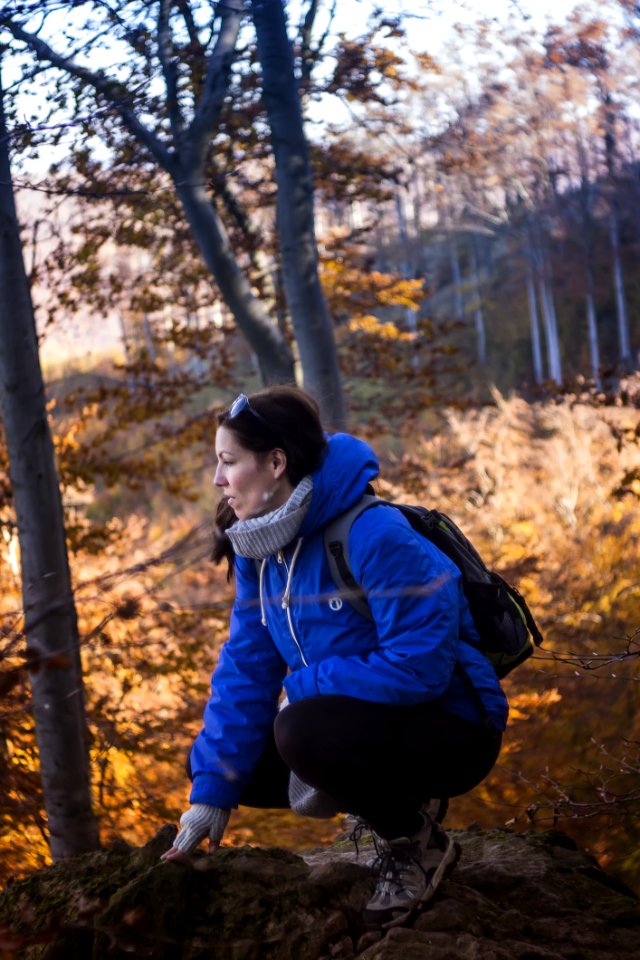 Woman In Blue And Gray Hoodie And Black Pants Sitting On Rock Formation Near Yellow Leaf Trees During Daytime