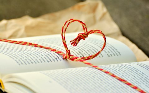 Yellow And Red Heart Knot On Black Labeled Book photo