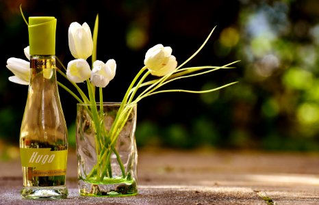 Clear Glass Hugo Bottle With White Flowers photo