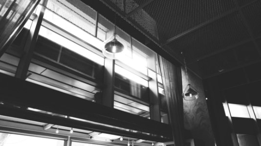 Grayscale Photo Of Hanged Ceiling Lamp Inside The Building photo