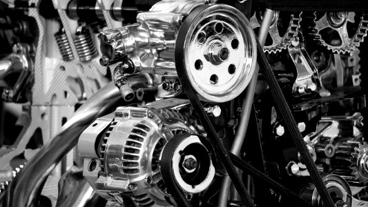 Greyscale Photography Of Car Engine
