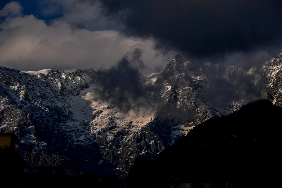 Snowy Mountain Peaks Under Cloudy Sky