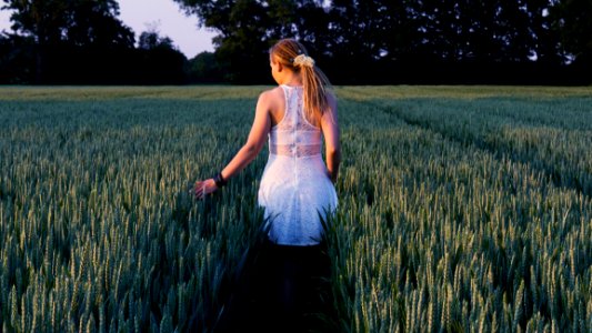 Woman Walking In Between Grass Field At Daytime photo