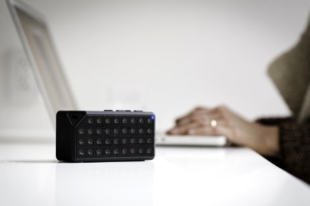 Black Bluetooth Speaker On White Table photo
