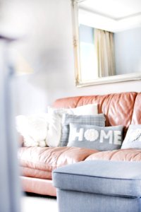 Brown And Grey Leather Sofa With Throw Pillows photo