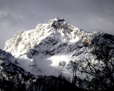 Mountain Cliff Covered With Snow Near Trees Landscape Photo photo