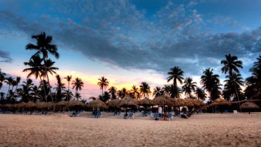 Nipa Hat Surrounded With Palm Trees Under White Clouds And Blue Skies Under Orange Sunset photo