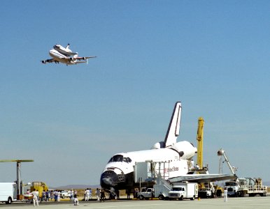 Endeavour On Runway With Columbia On SCA Overhead photo