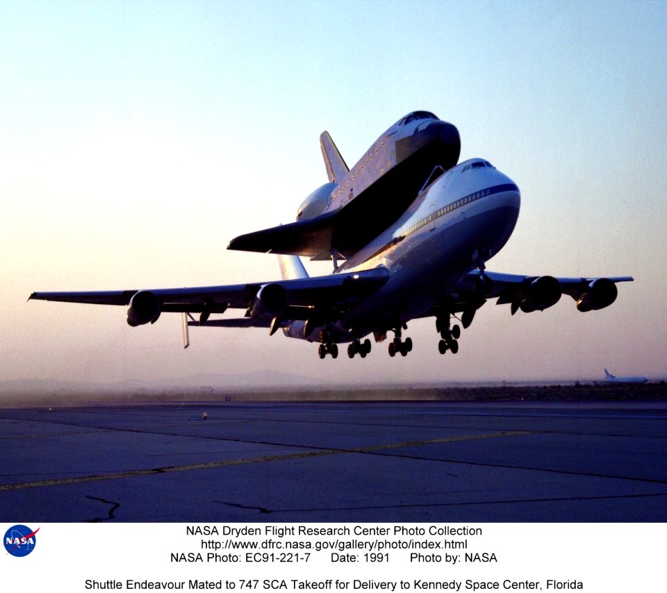 Shuttle Endeavour Mated To 747 SCA Takeoff For Delivery To Kennedy Space Center Florida