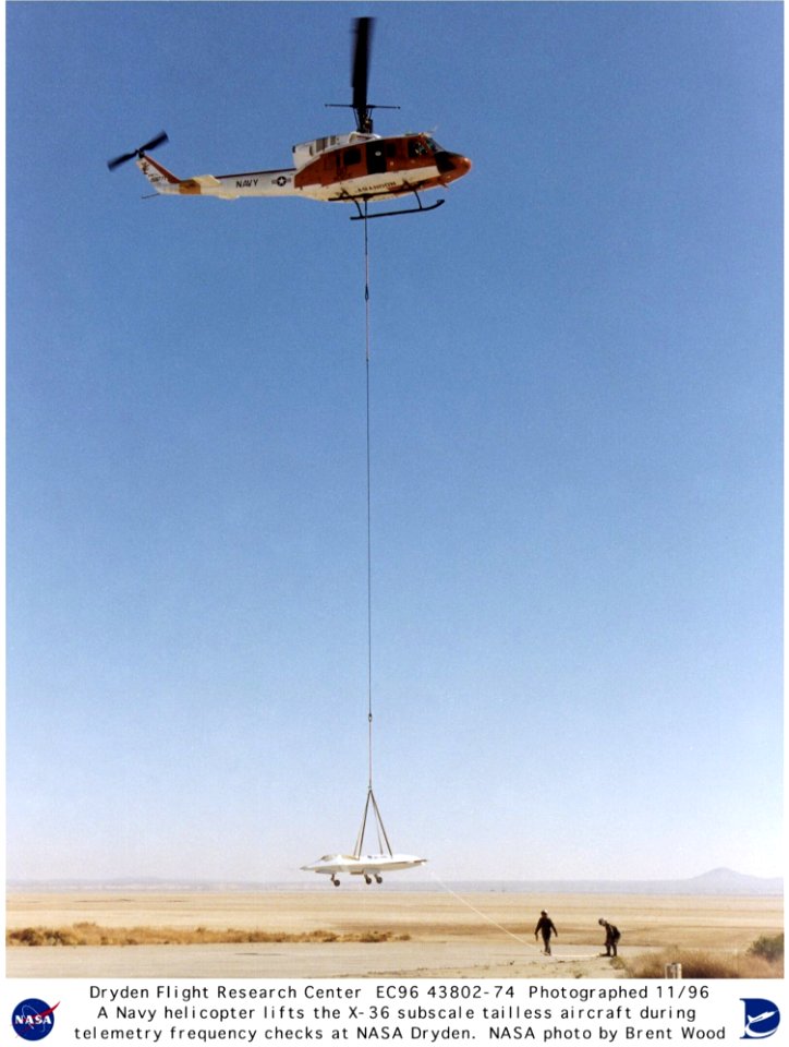 X-36 Carried Aloft By Helicopter During Radio And Telemetry Tests