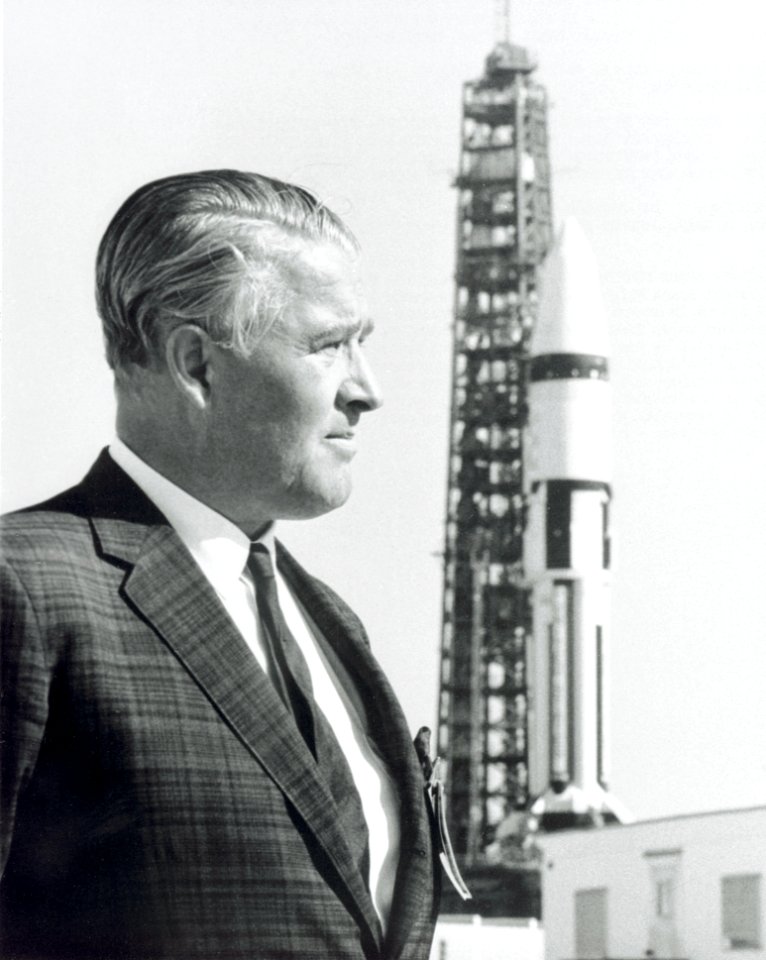 Wernher Von Braun And Saturn IB On Launch Pad