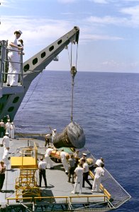 Gemini 5 Capsule Hoisted Onboard Recovery Ship