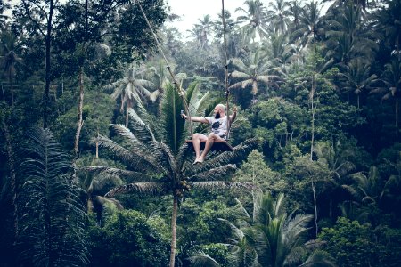 BALI INDONESIA - DECEMBER 26 2017 Man Having Fun On The Swing With Action Camera In The Jungle Of Bali Island Indonesia Rainf photo