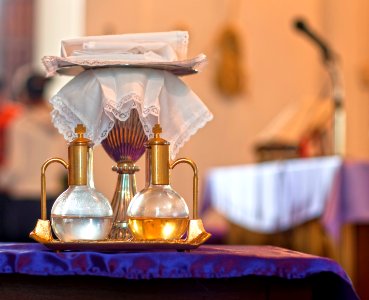 Holy water and wine for Mass photo