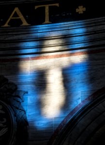 Light through a stained glass window, cross, wall of the Marmor (Frederiks) Kirke Copenhagen Denmark