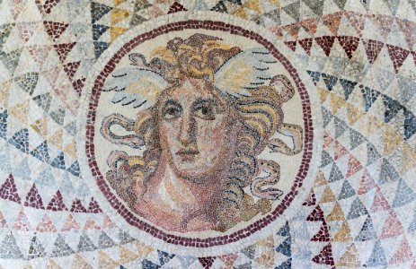 Mosaic floor opus tessellatum detail Gorgone NAMA Athens Greece