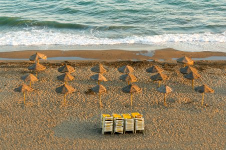 Parasols, Evening, Beach, Rincon de la Victoria, Andalusia, Spain