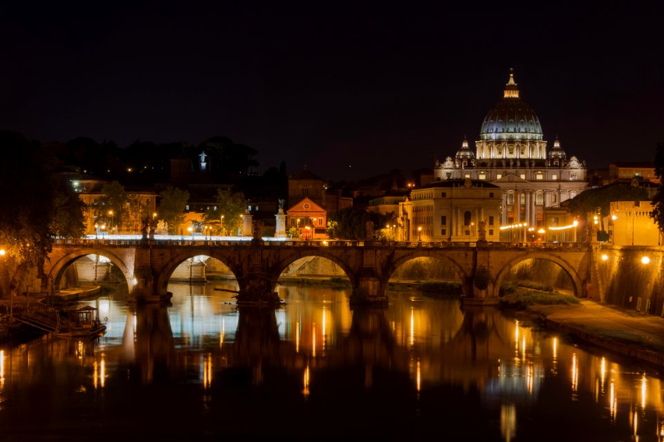 Saint Peters Basilica, SantAngelo bridge, by night, Rome, Italy