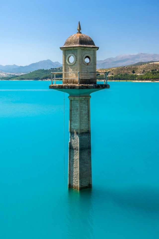 Watch tower of the dam, Embalse de los Bermejales, Andalusia, Spain