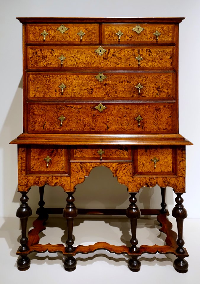 High chest of drawers, Boston, Massachusetts, c. 1700-1725, white pine, maple, walnut, brass - Dallas Museum of Art