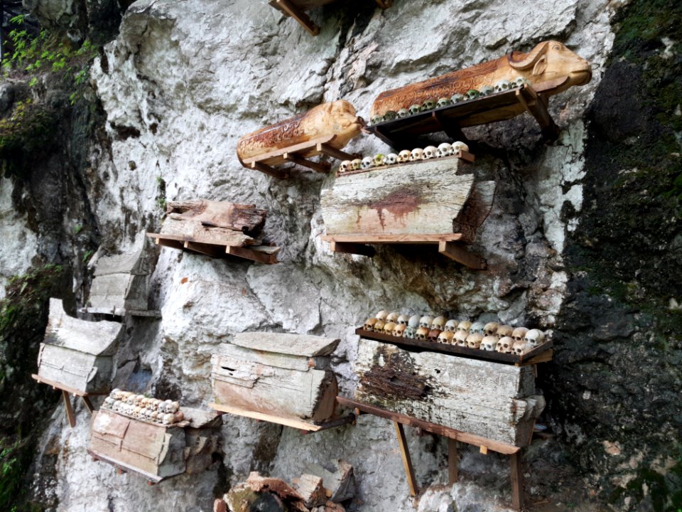 Holzsärge an Felswand