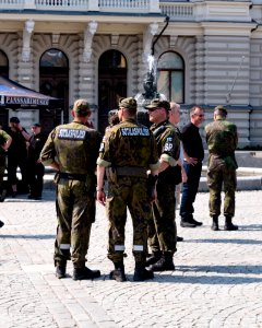 Finnish military police standing guard at Tampere city center
