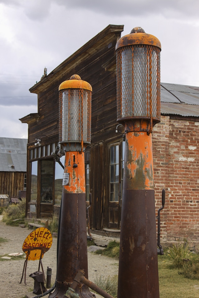 Old town wooden buildings gas station