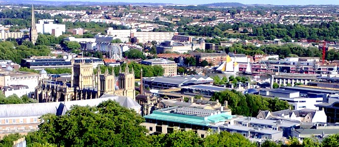 French Sailing Ship 'Etoile Molene'  (Star of Molene Island, Brittany) , Briston Cathedral & Bristol Harbour Festival from Cabot Tower, Bristol , UK