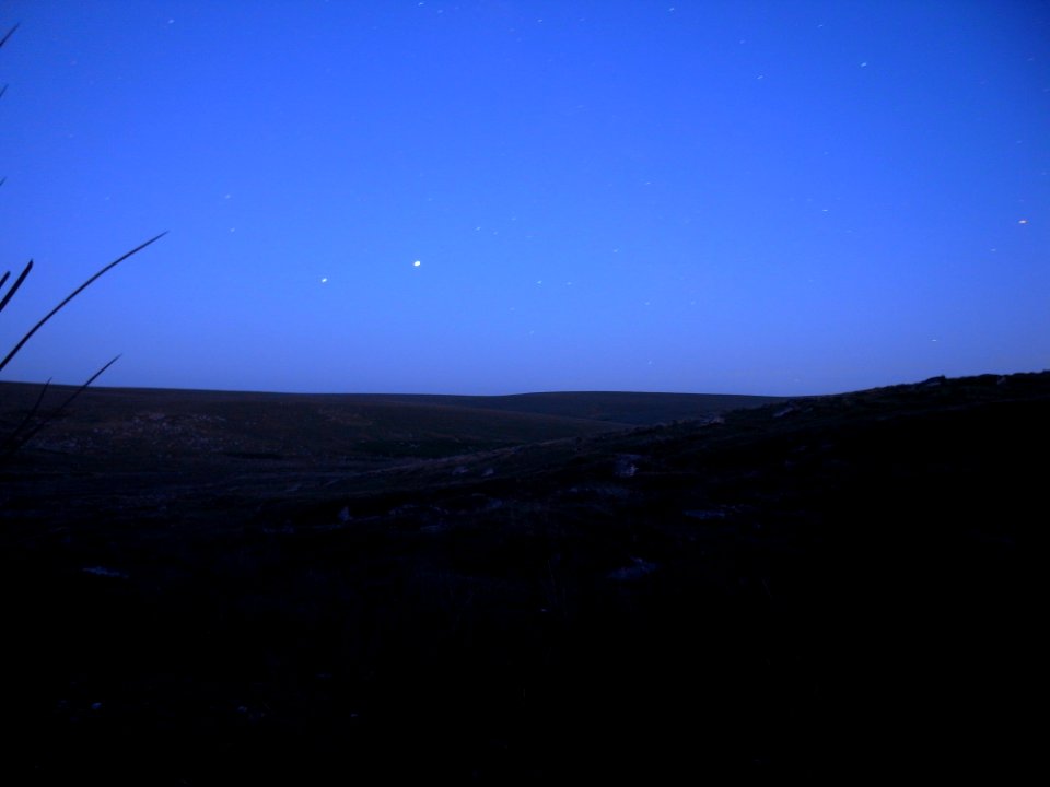 Jupiter (Right), Saturn (Left) looking South from Evil Combe , Dartmoor National Park, Devon, UK - July 2020