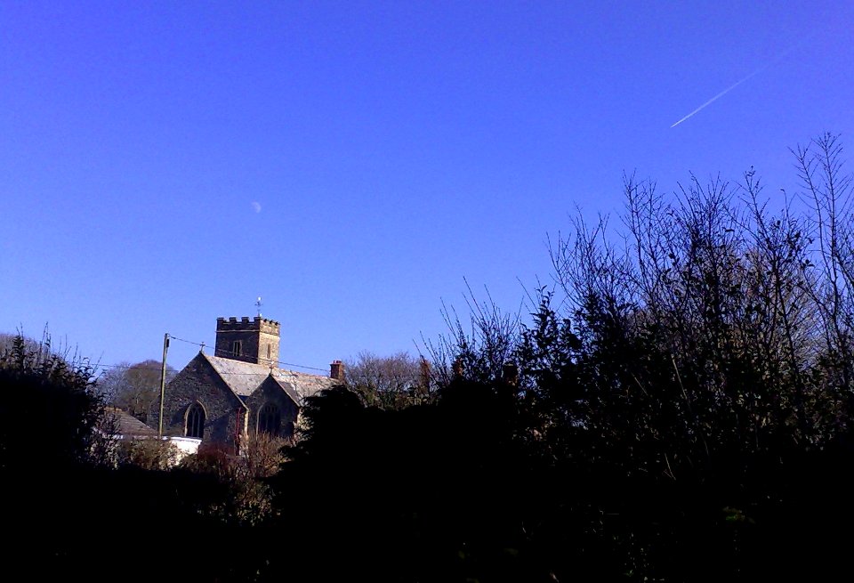 THE MOON - AEROPLANE VAPOR TRAIL - FREMINGTON CHURCH - NORTH DEVON